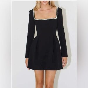 Black Pearl Trim Square Neck Long Sleeve Mini Dress – Size M